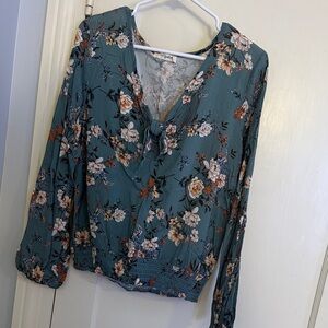 Elegant Floral Teal Blouse with Long Sleeves